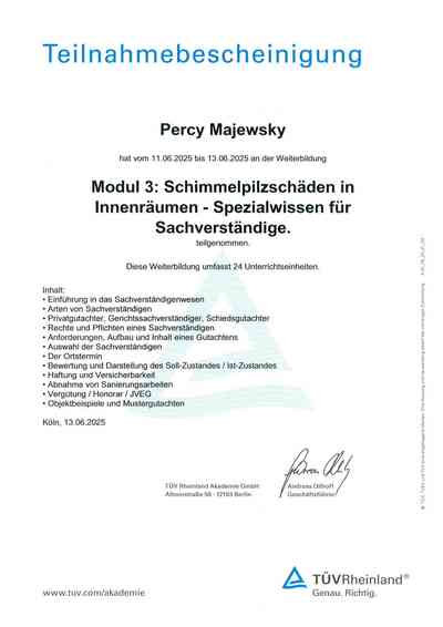 TÜV-Zertifikat-Schimmelpilzschäden in Innenräumen - Spezialwissen für Sachverständige